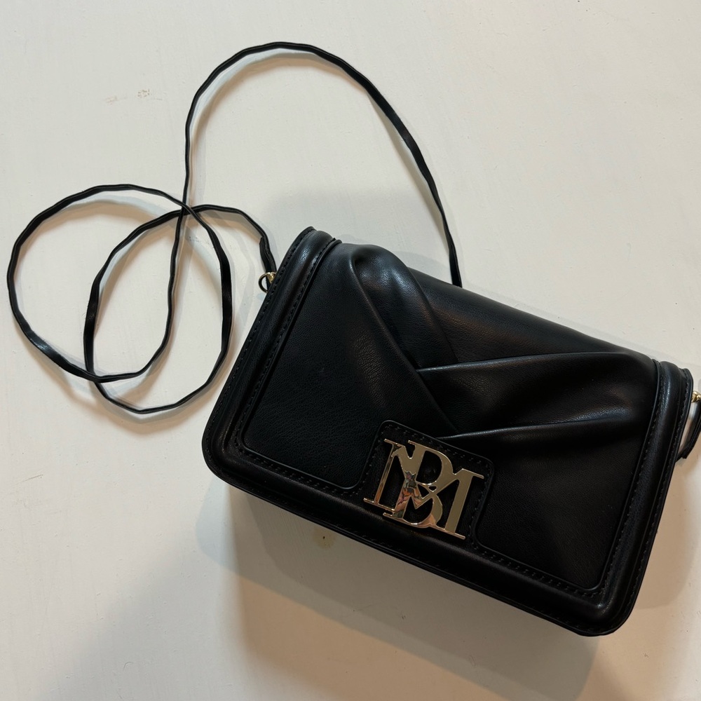 Badgley Mischka Black Leather Crossbody with Gold Logo Plate